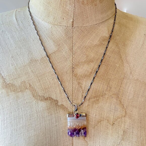 Amethyst Pendant, Amethyst Slice, Sterling Silver, Tourmaline,  Necklace, Chain - Picture 3 of 7